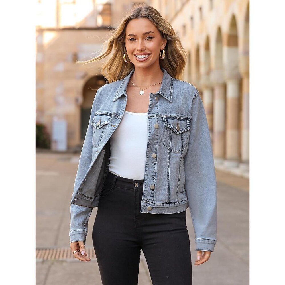 Women's Jean Jacket Long Sleeve Denim Jacket Button Down with Pockets Light Blue - Picture 3 of 7